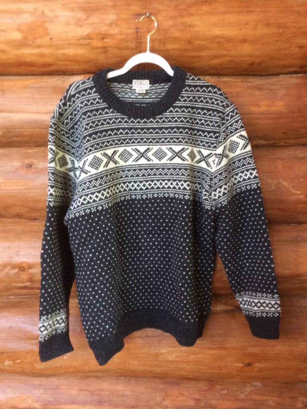 Vintage LL Bean Fair Isle Nordic Fisherman Norway Wool EUC Gray White Sweater XL